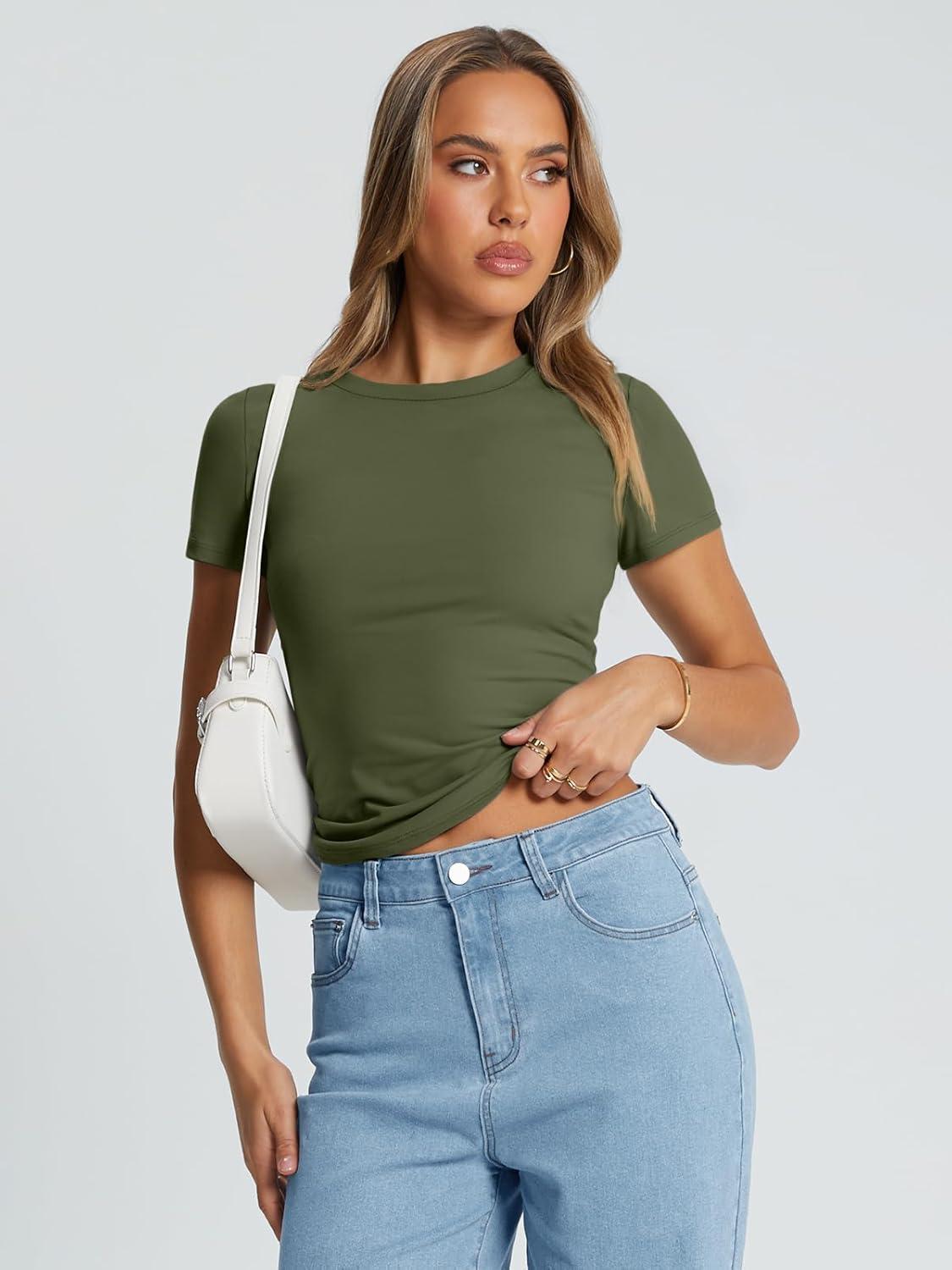 imageTrendy Queen Womens Basic T Shirts Summer Tops 2025 Crop Short Sleeve Slim Fit Tee Cute Gym Workout ClothesArmygreen