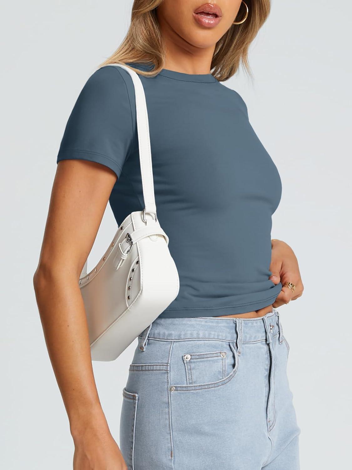 imageTrendy Queen Womens Basic T Shirts Summer Tops 2025 Crop Short Sleeve Slim Fit Tee Cute Gym Workout ClothesHazeblue