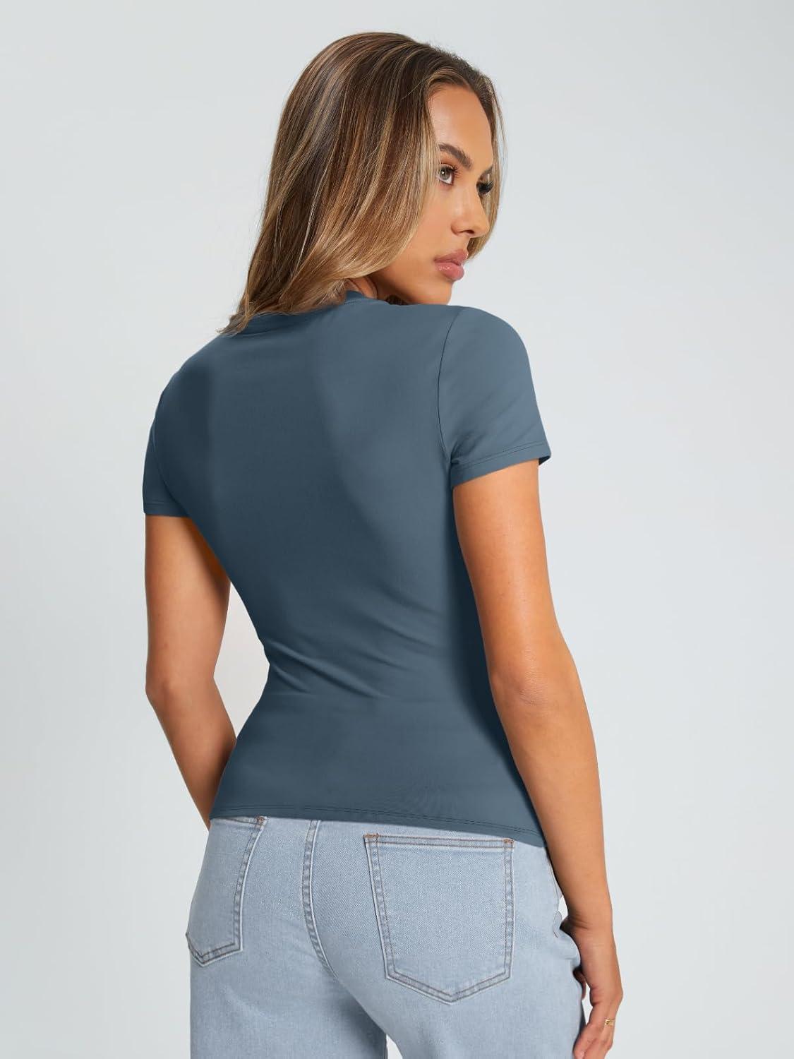 imageTrendy Queen Womens Basic T Shirts Summer Tops 2025 Crop Short Sleeve Slim Fit Tee Cute Gym Workout ClothesHazeblue