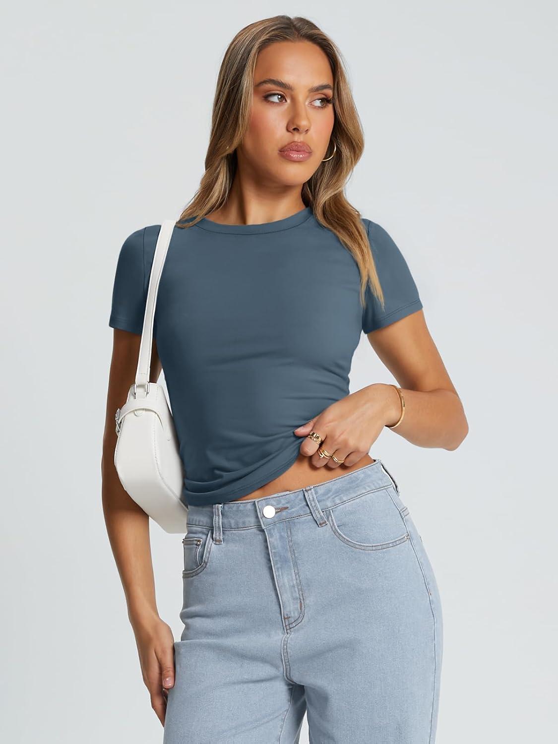 imageTrendy Queen Womens Basic T Shirts Summer Tops 2025 Crop Short Sleeve Slim Fit Tee Cute Gym Workout ClothesHazeblue