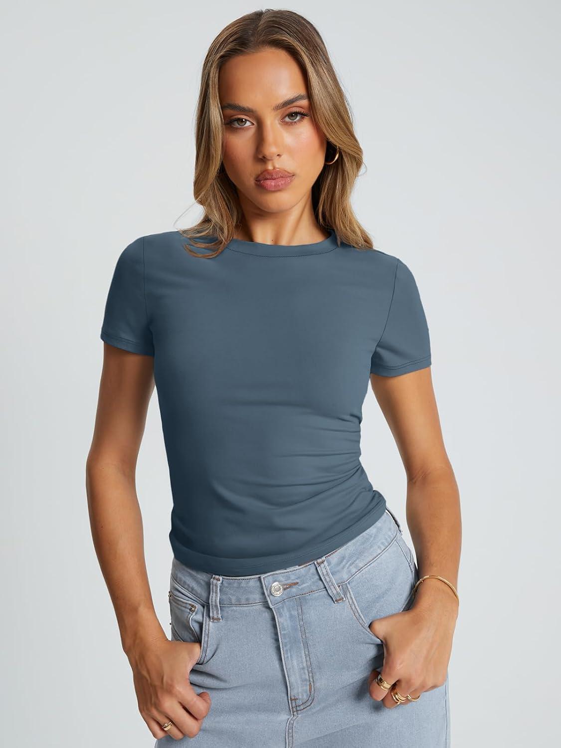 imageTrendy Queen Womens Basic T Shirts Summer Tops 2025 Crop Short Sleeve Slim Fit Tee Cute Gym Workout ClothesHazeblue