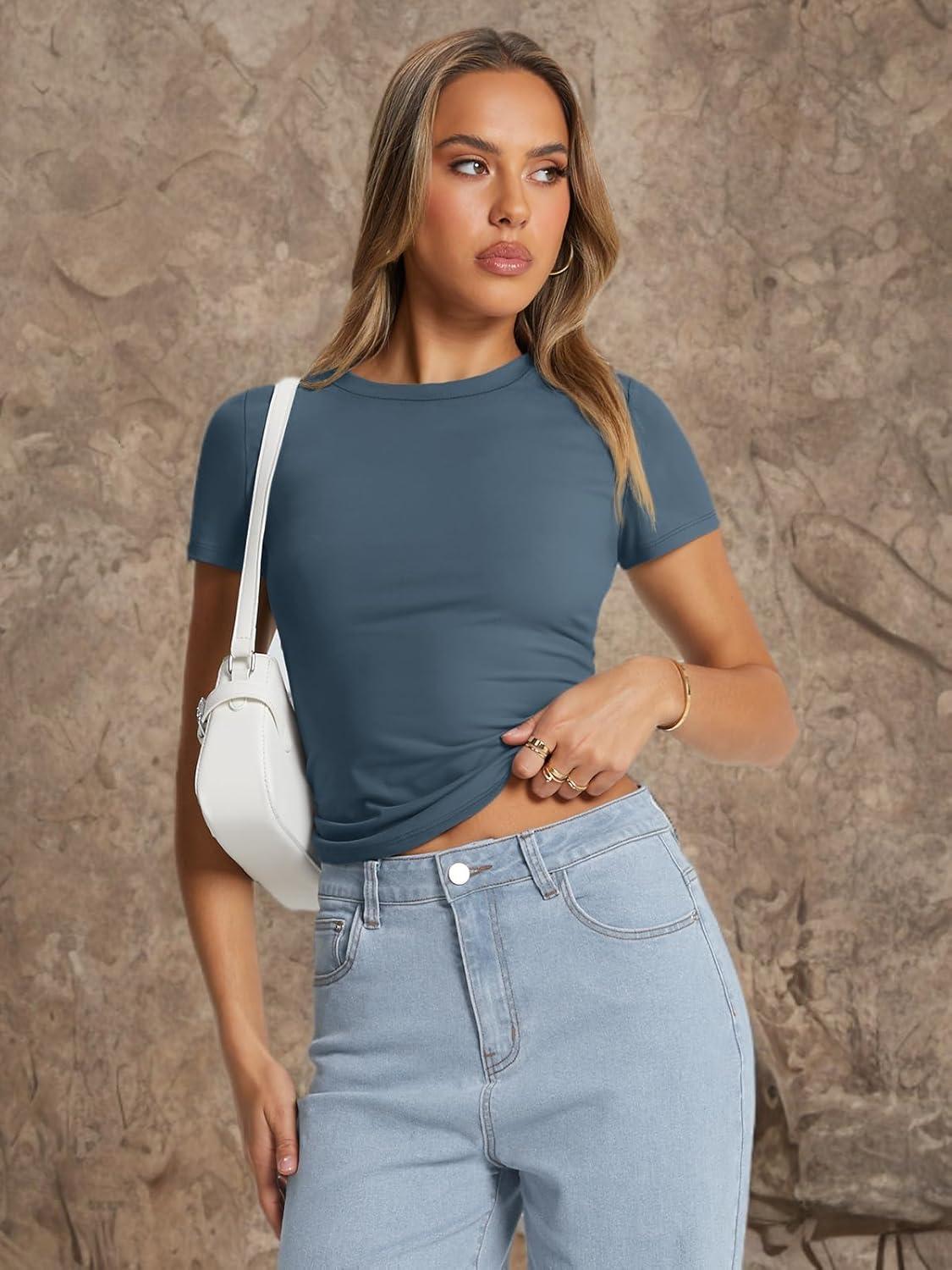 imageTrendy Queen Womens Basic T Shirts Summer Tops 2025 Crop Short Sleeve Slim Fit Tee Cute Gym Workout ClothesHazeblue