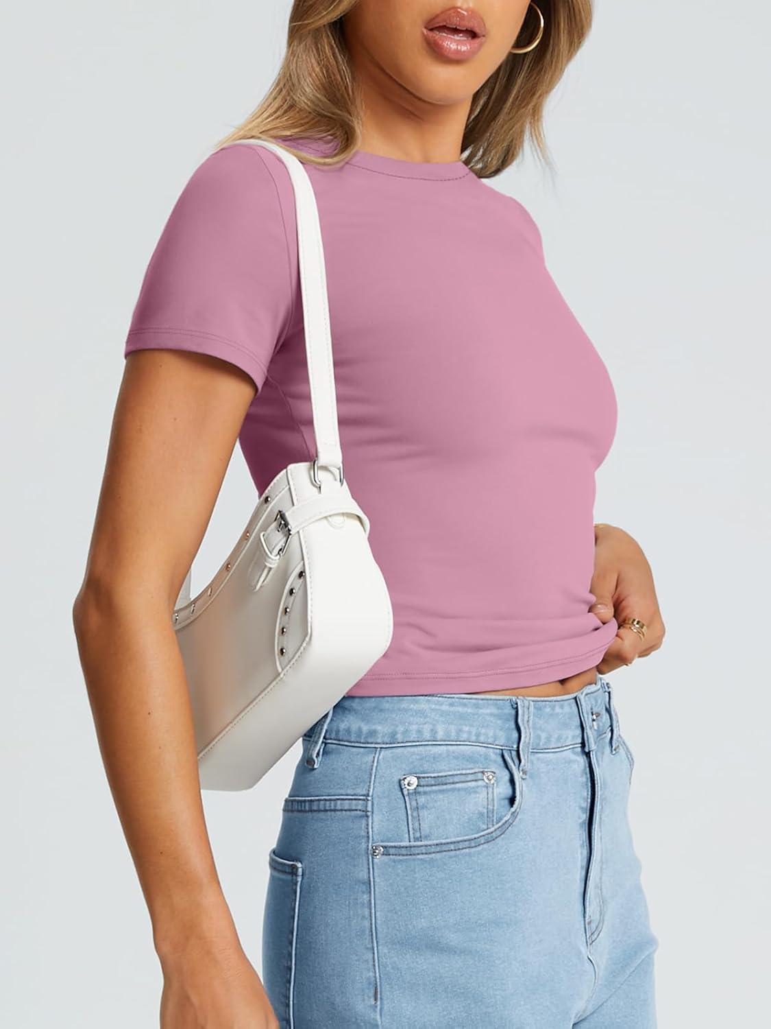 imageTrendy Queen Womens Basic T Shirts Summer Tops 2025 Crop Short Sleeve Slim Fit Tee Cute Gym Workout ClothesMauve