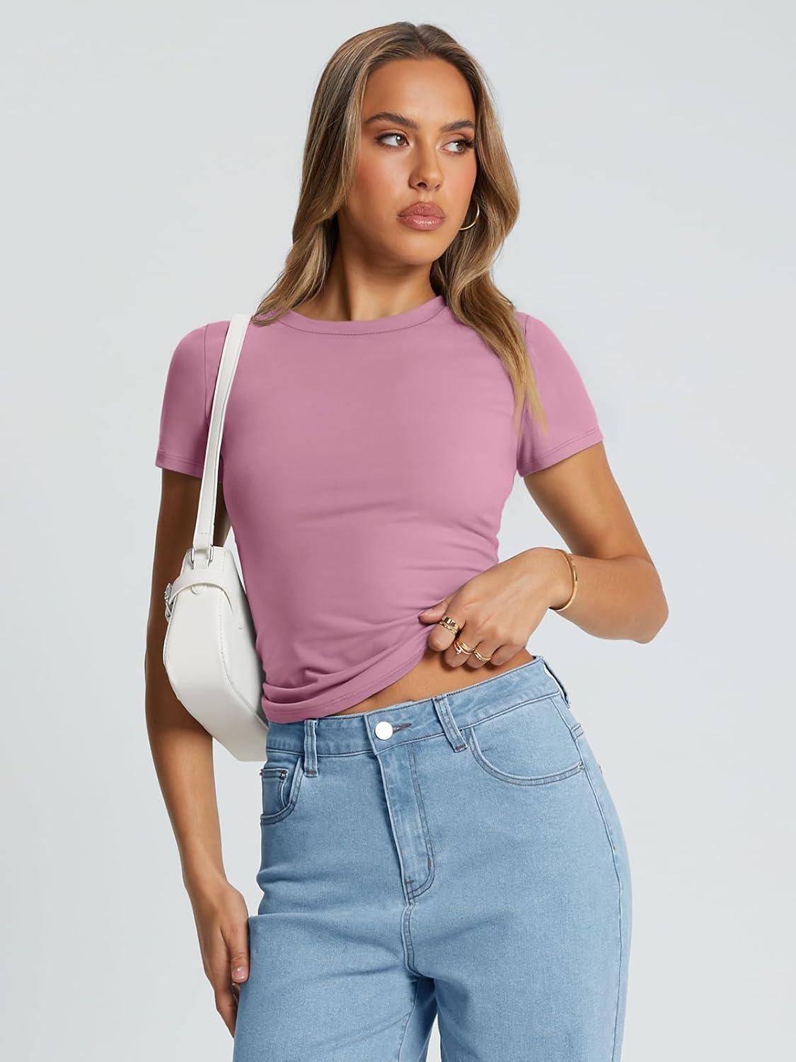 imageTrendy Queen Womens Basic T Shirts Summer Tops 2025 Crop Short Sleeve Slim Fit Tee Cute Gym Workout ClothesMauve