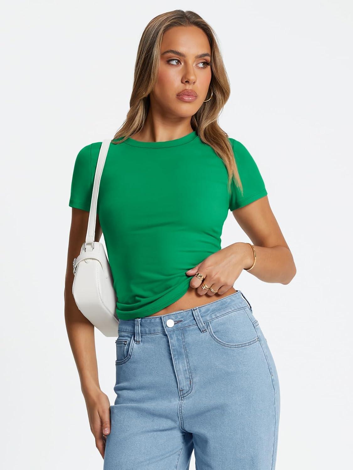 imageTrendy Queen Womens Basic T Shirts Summer Tops 2025 Crop Short Sleeve Slim Fit Tee Cute Gym Workout ClothesSaint Patrick Green