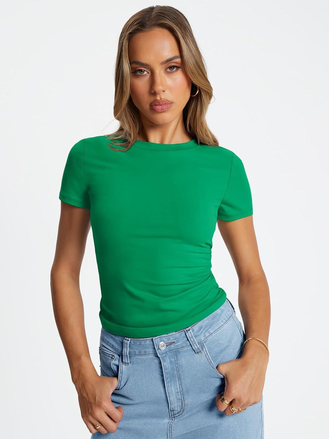 imageTrendy Queen Womens Basic T Shirts Summer Tops 2025 Crop Short Sleeve Slim Fit Tee Cute Gym Workout ClothesSaint Patrick Green