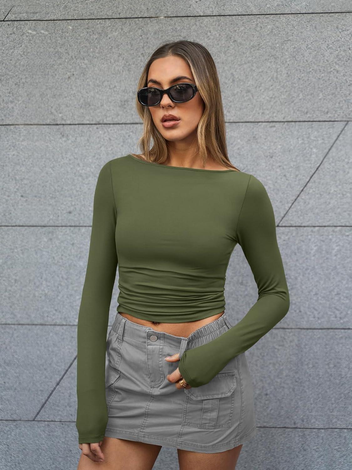 imageTrendy Queen Womens Boat Neck Tops Long Sleeve Shirts Casual Fitted Tee Shirts Solid Color Fall Basic Clothes 2025Armygreen