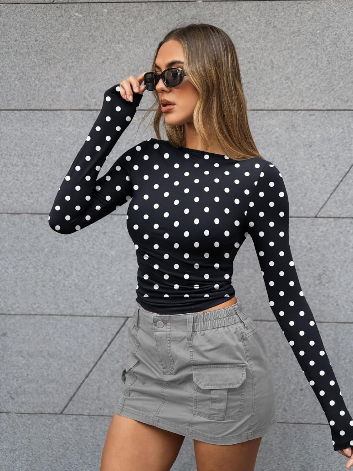 imageTrendy Queen Womens Boat Neck Tops Long Sleeve Shirts Casual Fitted Tee Shirts Solid Color Fall Basic Clothes 2025Black and White Dots