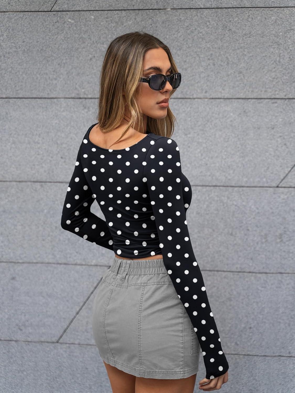 imageTrendy Queen Womens Boat Neck Tops Long Sleeve Shirts Casual Fitted Tee Shirts Solid Color Fall Basic Clothes 2025Black and White Dots