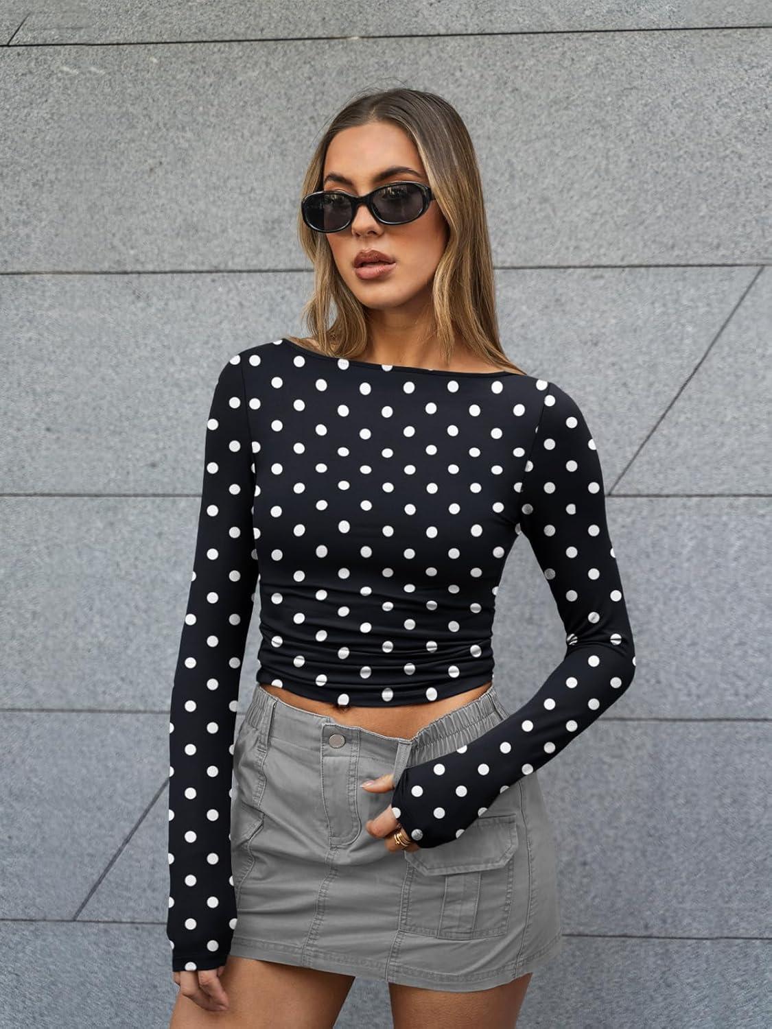 imageTrendy Queen Womens Boat Neck Tops Long Sleeve Shirts Casual Fitted Tee Shirts Solid Color Fall Basic Clothes 2025Black and White Dots
