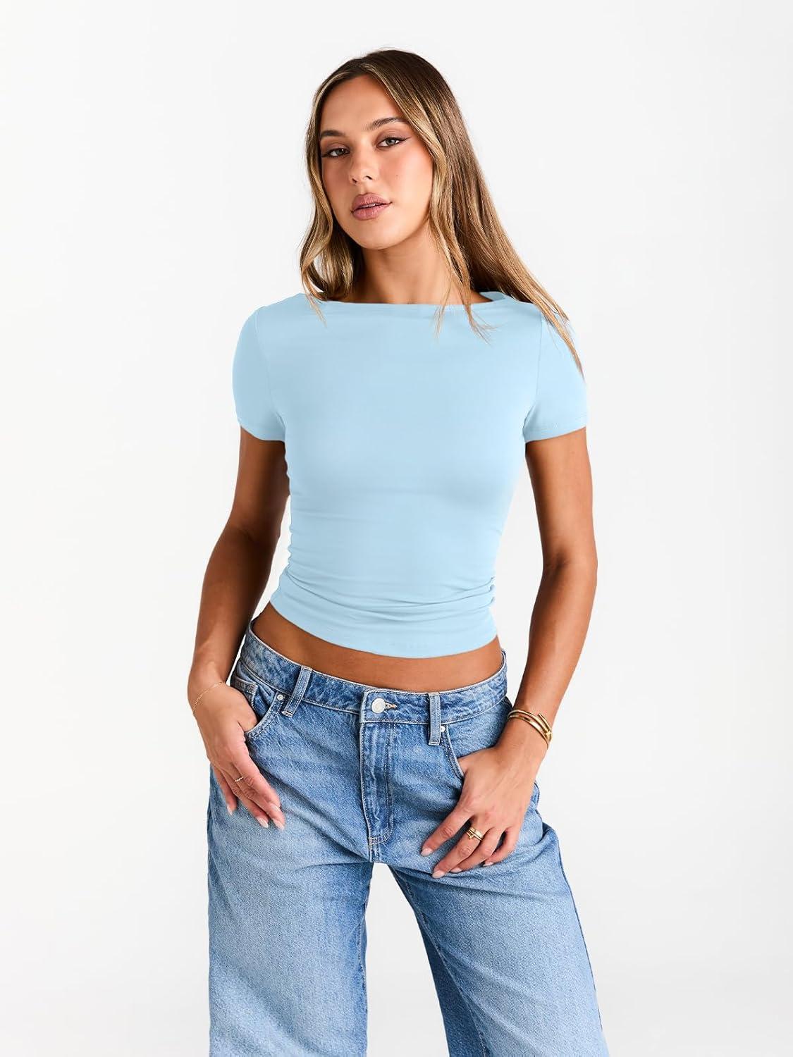imageTrendy Queen Womens Boat Neck Tops Short Sleeve TShirts Slim Fitted Compression Summer Y2k Basic Clothes 2025Babyblue