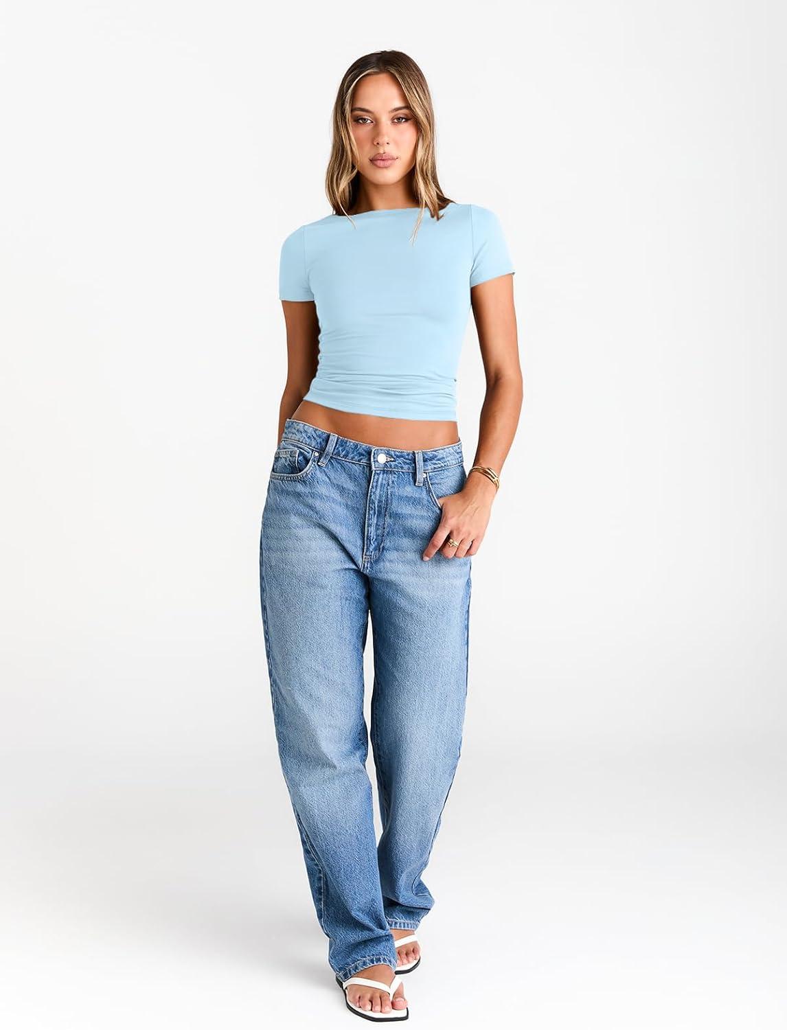 imageTrendy Queen Womens Boat Neck Tops Short Sleeve TShirts Slim Fitted Compression Summer Y2k Basic Clothes 2025Babyblue
