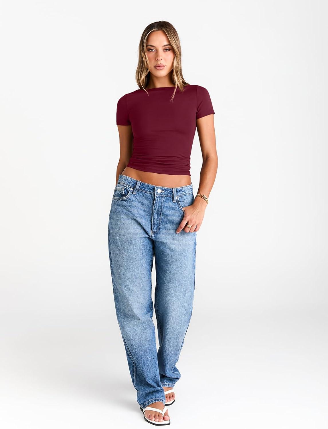 imageTrendy Queen Womens Boat Neck Tops Short Sleeve TShirts Slim Fitted Compression Summer Y2k Basic Clothes 2025Burgundy