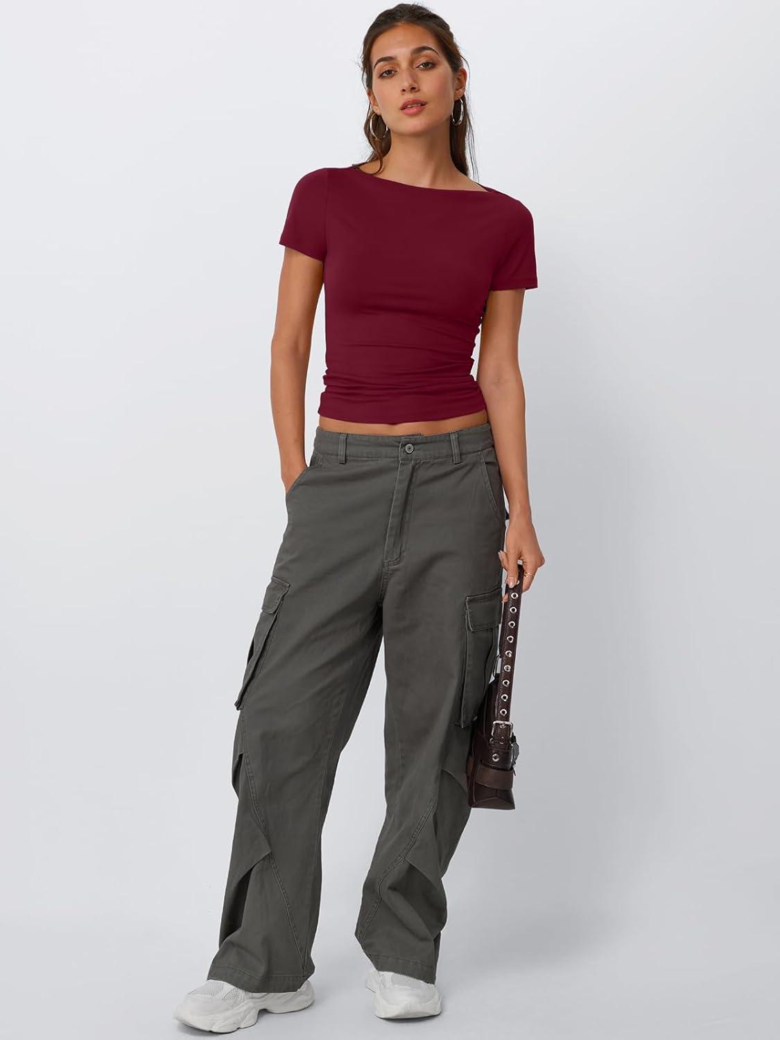 imageTrendy Queen Womens Boat Neck Tops Short Sleeve TShirts Slim Fitted Compression Summer Y2k Basic Clothes 2025Burgundy