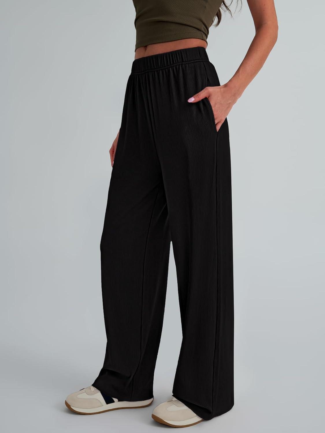 imageTrendy Queen Womens Business Casual Pants Barrel Sweatpants Wide Leg Comfy Lounge Pants Baggy Flowy Ribbed Fall OutfitsBlack