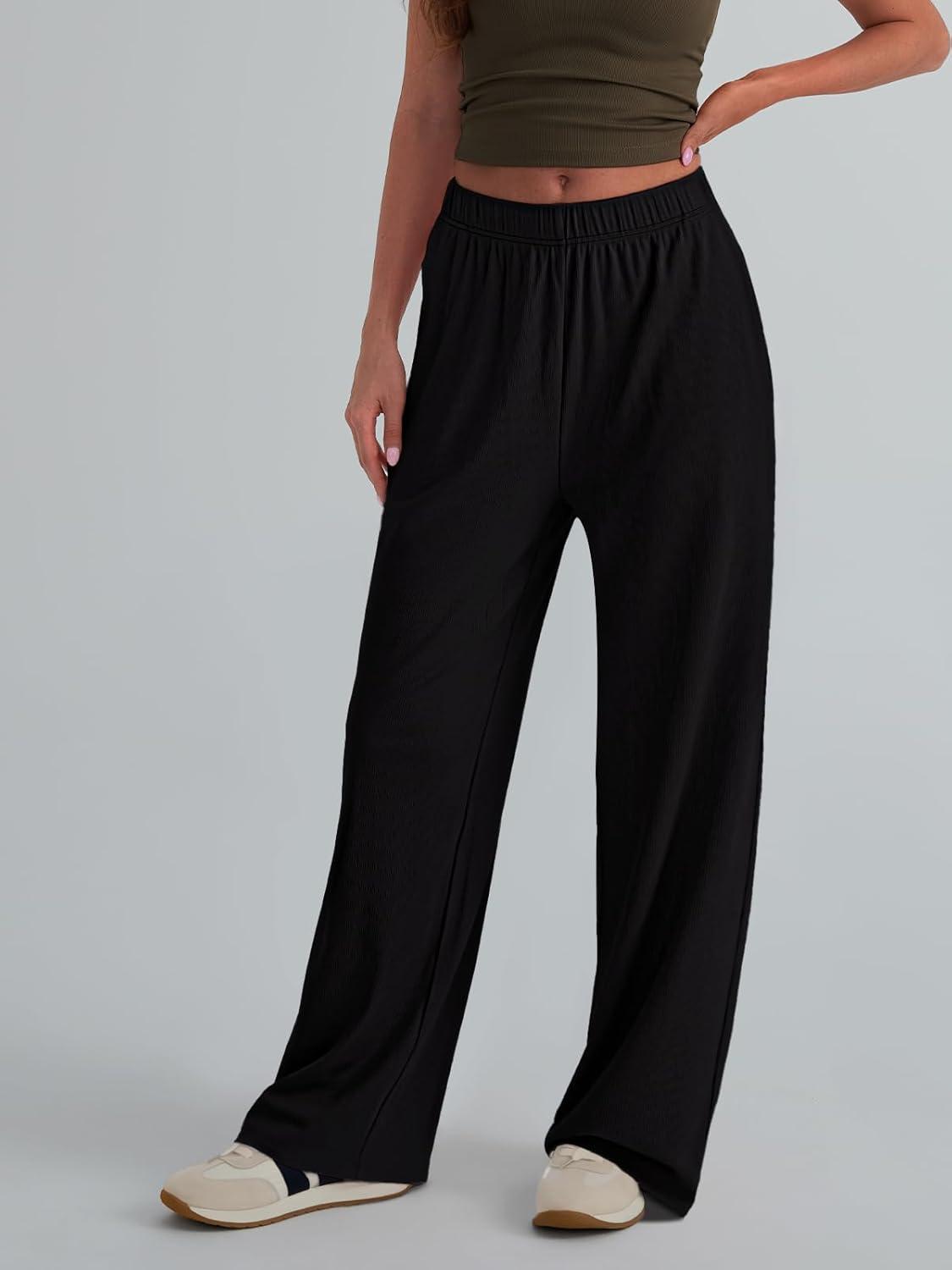 imageTrendy Queen Womens Business Casual Pants Barrel Sweatpants Wide Leg Comfy Lounge Pants Baggy Flowy Ribbed Fall OutfitsBlack