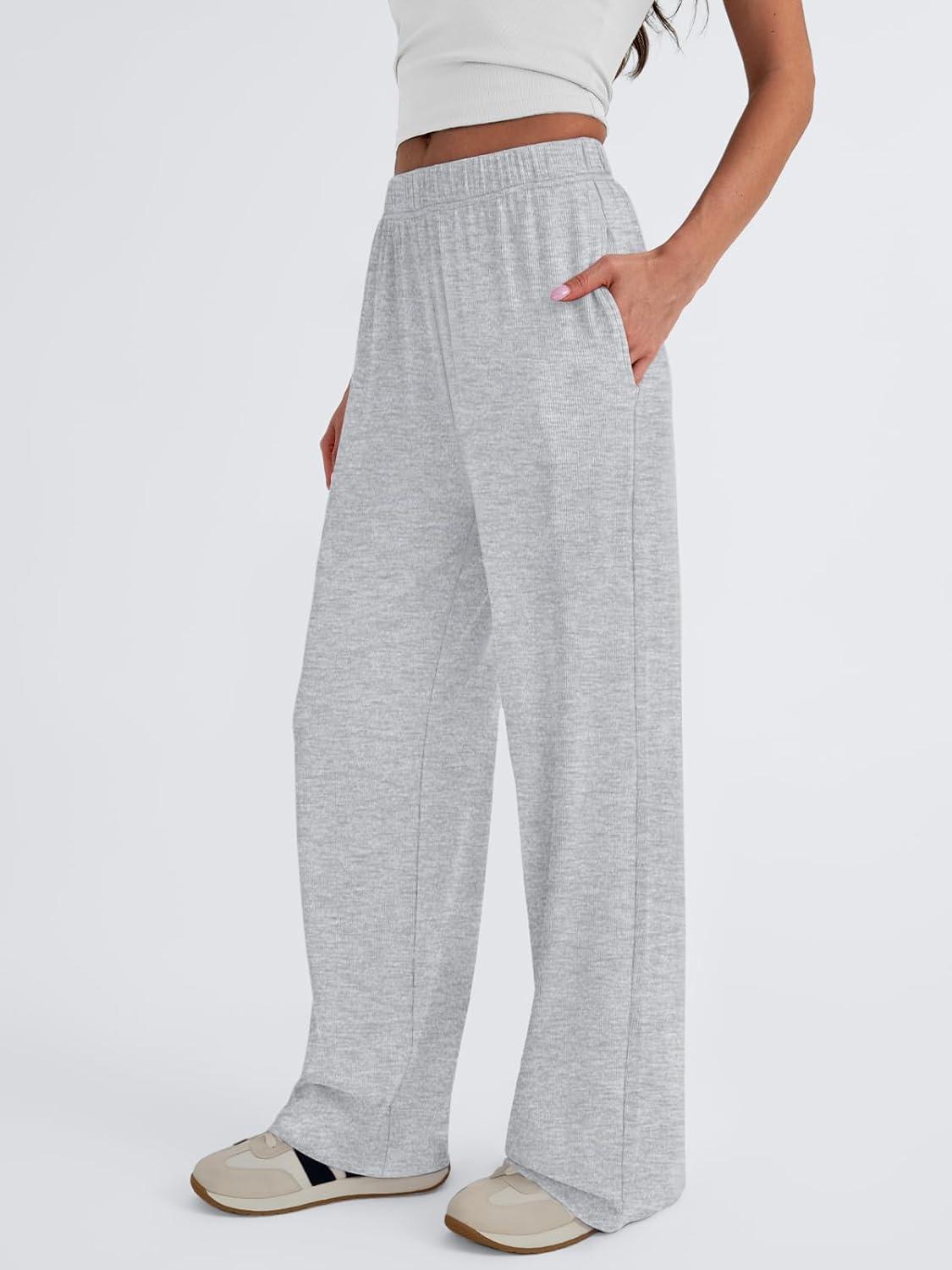 imageTrendy Queen Womens Business Casual Pants Barrel Sweatpants Wide Leg Comfy Lounge Pants Baggy Flowy Ribbed Fall OutfitsGrey