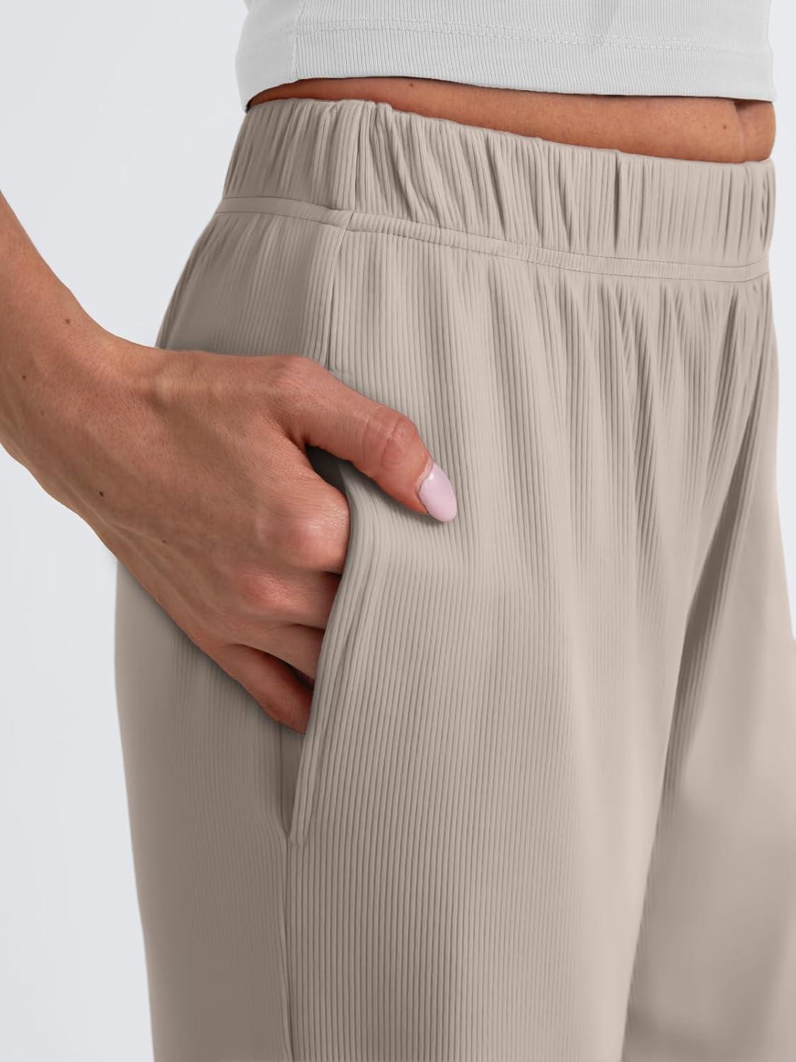 imageTrendy Queen Womens Business Casual Pants Barrel Sweatpants Wide Leg Comfy Lounge Pants Baggy Flowy Ribbed Fall OutfitsKhaki