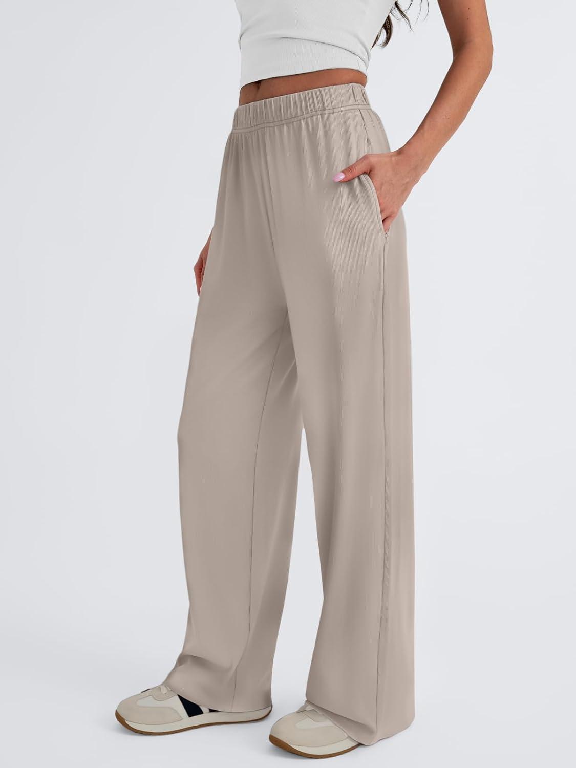 imageTrendy Queen Womens Business Casual Pants Barrel Sweatpants Wide Leg Comfy Lounge Pants Baggy Flowy Ribbed Fall OutfitsKhaki