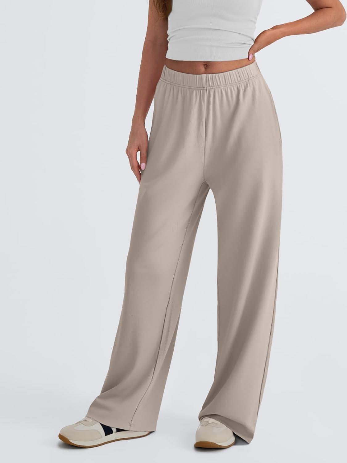 imageTrendy Queen Womens Business Casual Pants Barrel Sweatpants Wide Leg Comfy Lounge Pants Baggy Flowy Ribbed Fall OutfitsKhaki