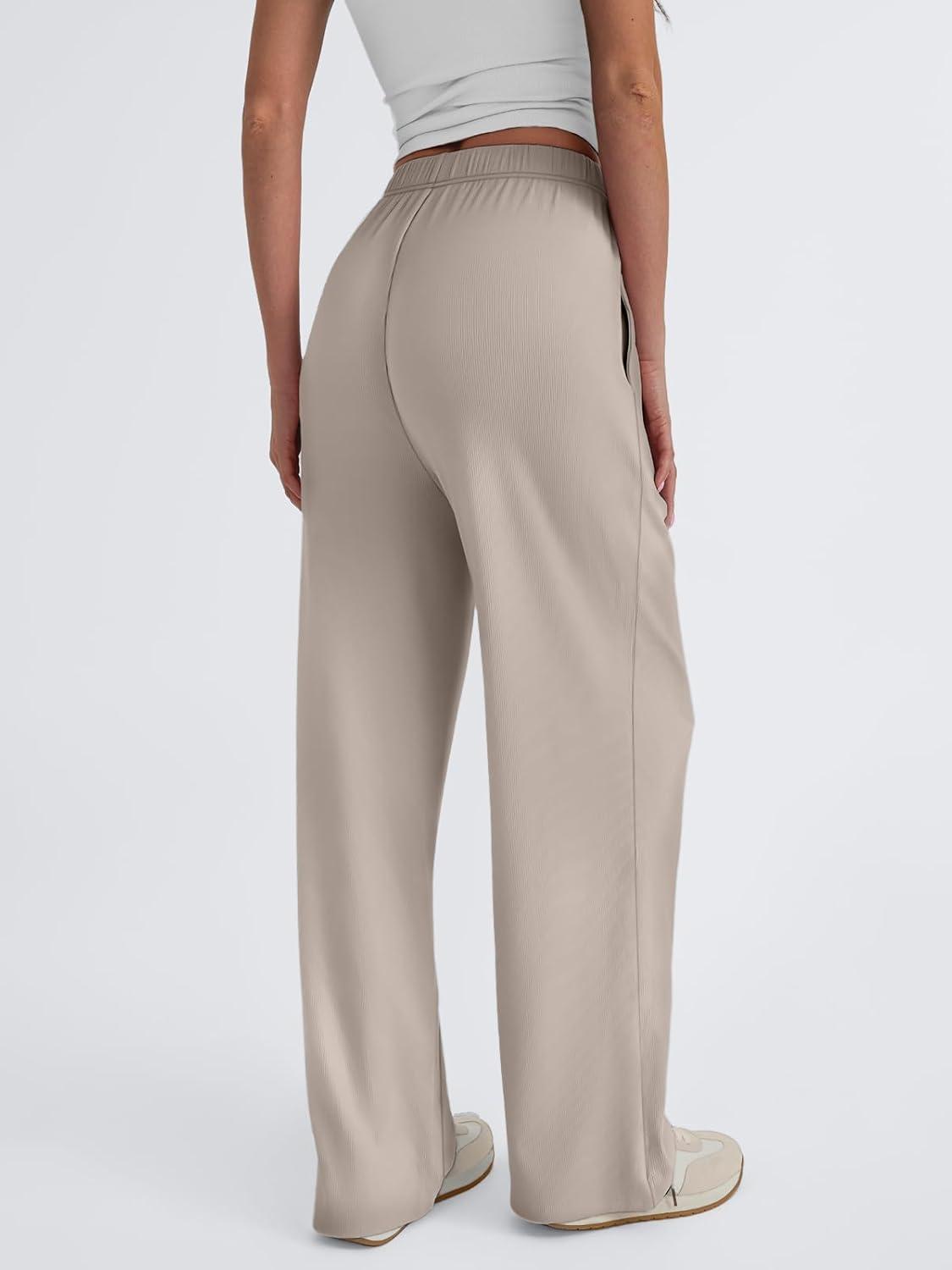 imageTrendy Queen Womens Business Casual Pants Barrel Sweatpants Wide Leg Comfy Lounge Pants Baggy Flowy Ribbed Fall OutfitsKhaki