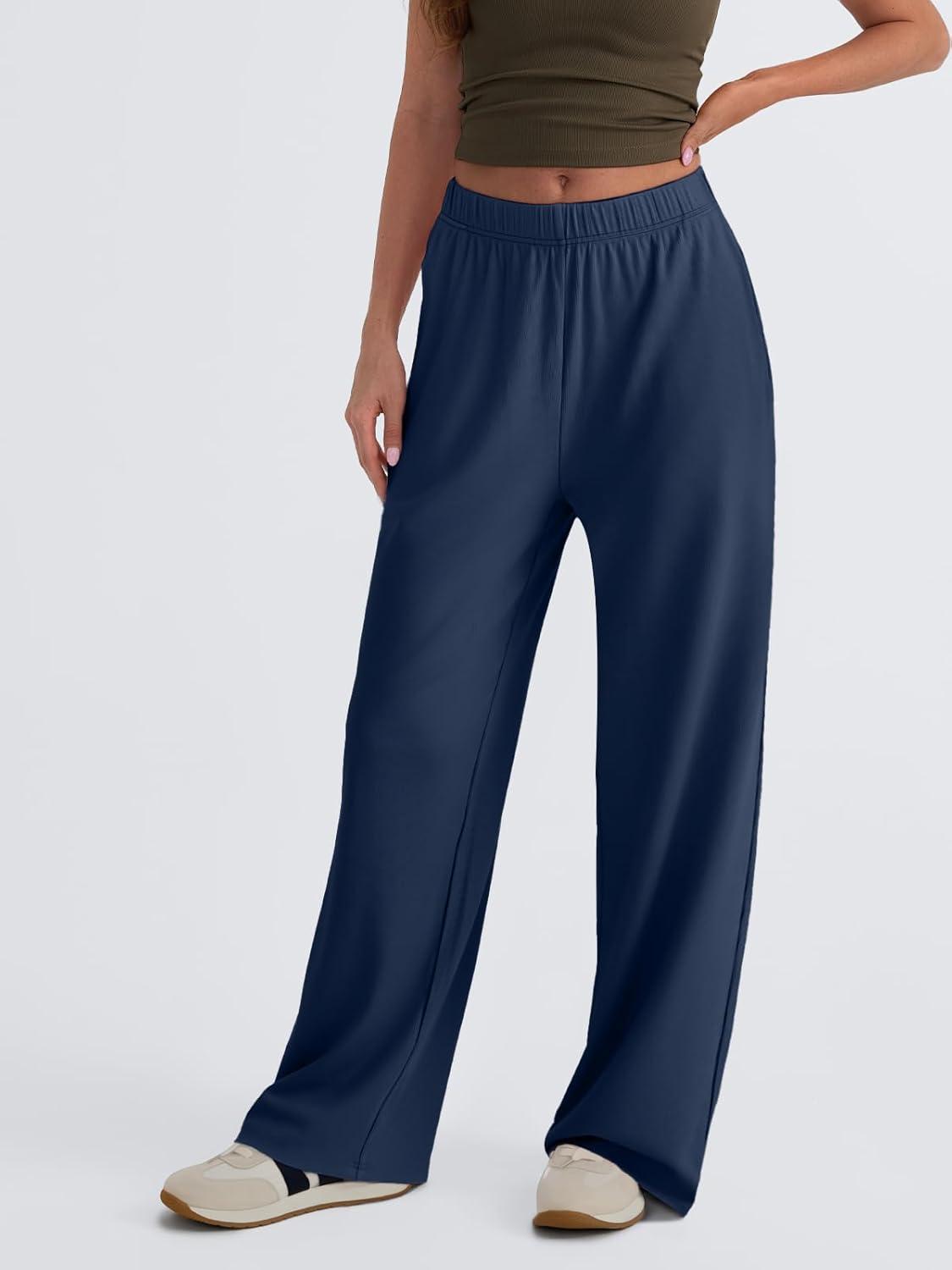 imageTrendy Queen Womens Business Casual Pants Barrel Sweatpants Wide Leg Comfy Lounge Pants Baggy Flowy Ribbed Fall OutfitsNavy