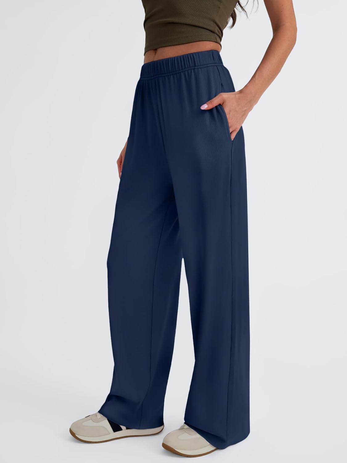 imageTrendy Queen Womens Business Casual Pants Barrel Sweatpants Wide Leg Comfy Lounge Pants Baggy Flowy Ribbed Fall OutfitsNavy