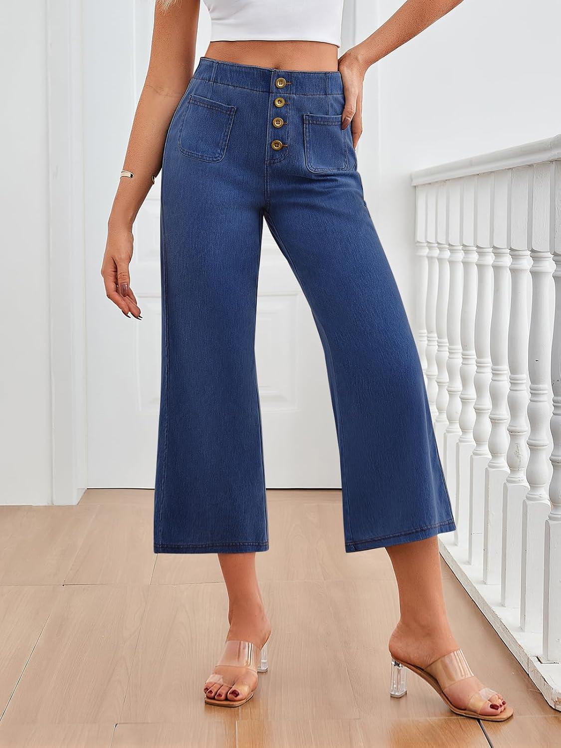 imageTrendy Queen Womens Capri Jeans High Waisted Wide Straight Leg Stretchy Cropped Jeans Fashion Denim Pants Fall 2025Blue