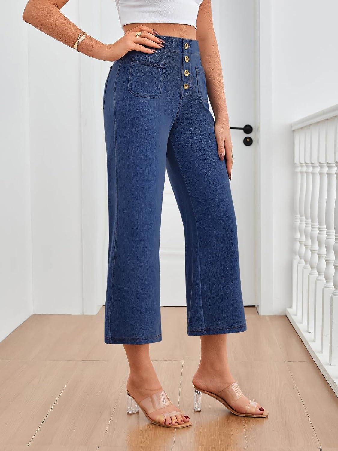 imageTrendy Queen Womens Capri Jeans High Waisted Wide Straight Leg Stretchy Cropped Jeans Fashion Denim Pants Fall 2025Blue