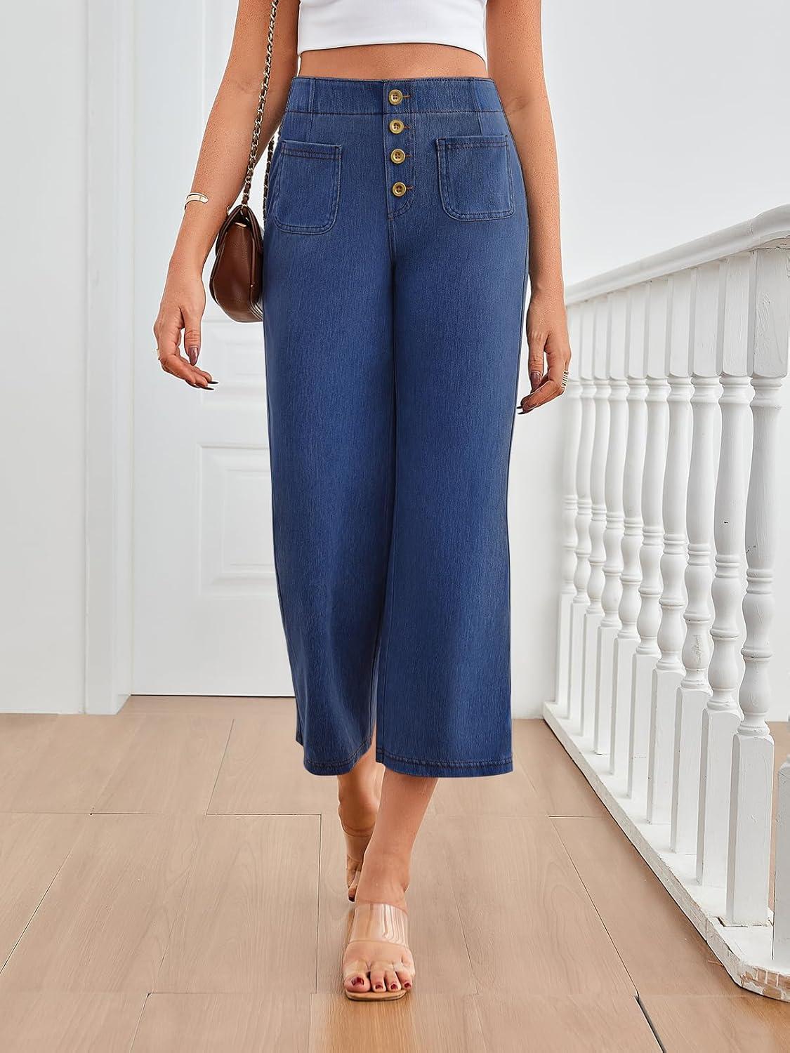 imageTrendy Queen Womens Capri Jeans High Waisted Wide Straight Leg Stretchy Cropped Jeans Fashion Denim Pants Fall 2025Blue