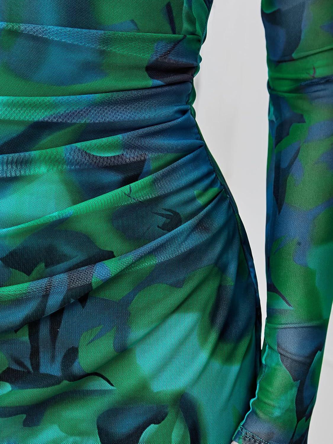 imageTrendy Queen Womens Floral Print Bodycon Ruched Dress Fall Long Sleeve Maxi Wedding Guest Dresses with Side SlitBlue Green