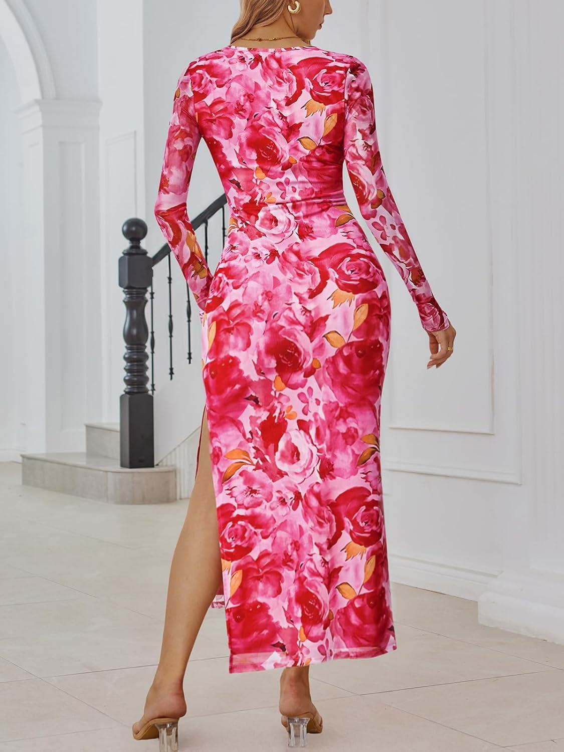 imageTrendy Queen Womens Floral Print Bodycon Ruched Dress Fall Long Sleeve Maxi Wedding Guest Dresses with Side SlitPink