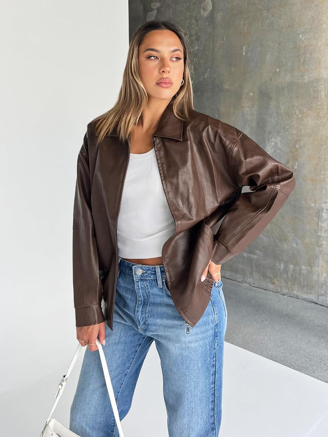 imageTrendy Queen Womens Leather Jackets Oversized Faux Motorcycle Plus Size Moto Biker Coat Fall Outfits Fashion Clothes 2025Brown