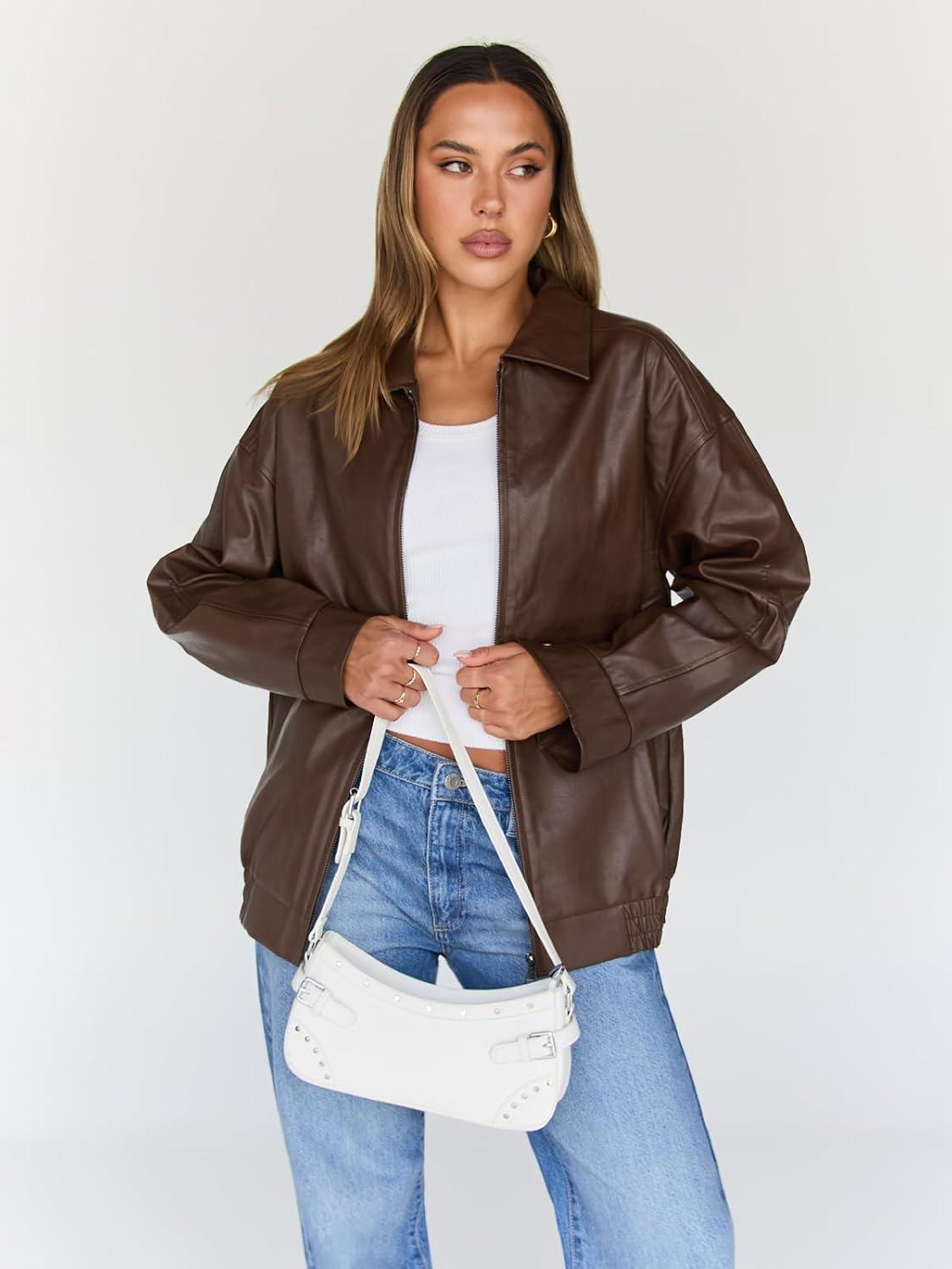 imageTrendy Queen Womens Leather Jackets Oversized Faux Motorcycle Plus Size Moto Biker Coat Fall Outfits Fashion Clothes 2025Brown