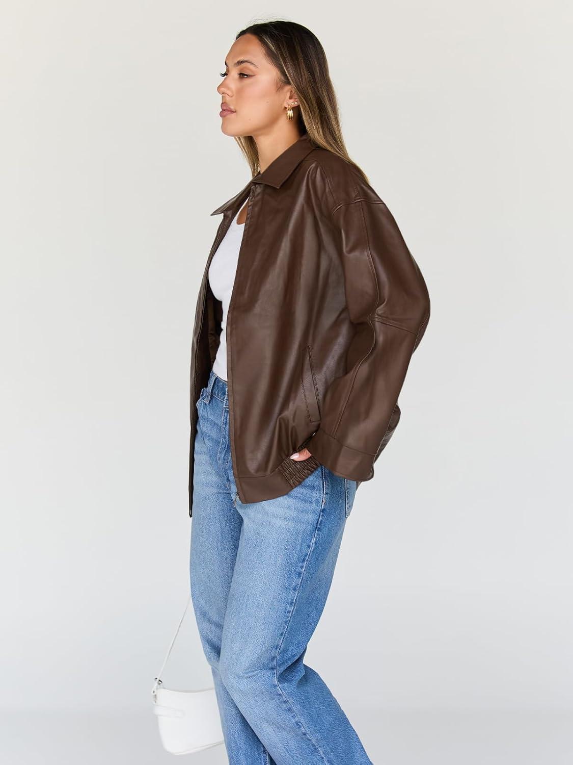 imageTrendy Queen Womens Leather Jackets Oversized Faux Motorcycle Plus Size Moto Biker Coat Fall Outfits Fashion Clothes 2025Brown
