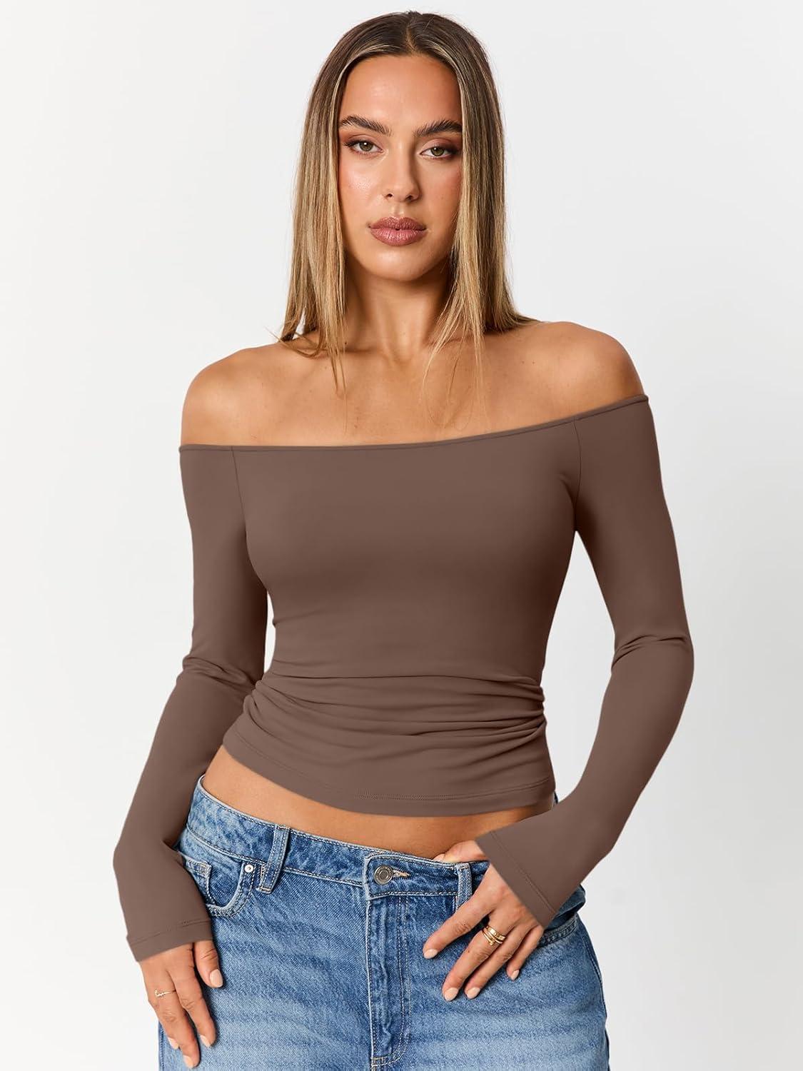 imageTrendy Queen Womens Long Sleeve Off The Shoulder Tops Going Out Cute Basic Y2K Fall Fashion 2025 Outfits ClothesBrown