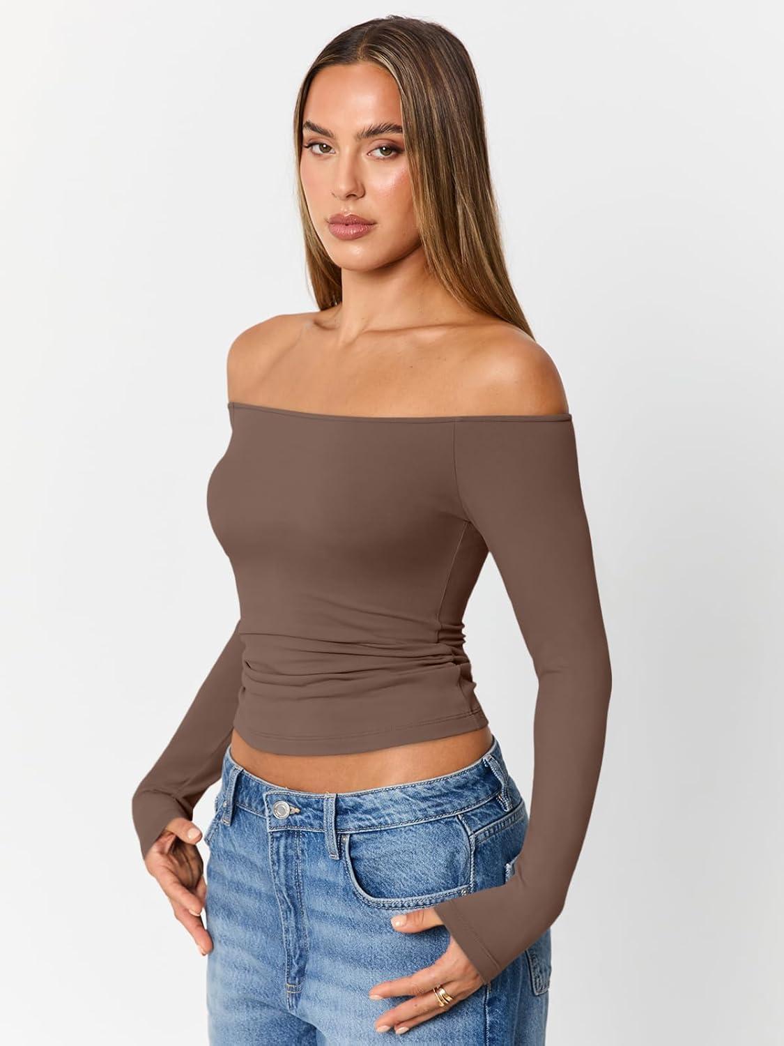 imageTrendy Queen Womens Long Sleeve Off The Shoulder Tops Going Out Cute Basic Y2K Fall Fashion 2025 Outfits ClothesBrown