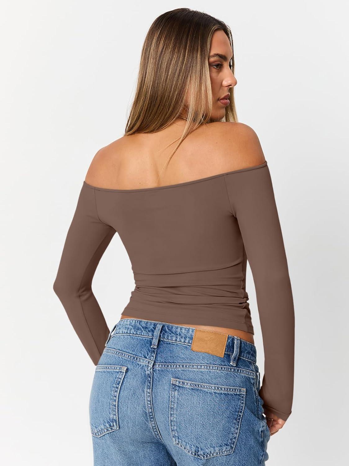 imageTrendy Queen Womens Long Sleeve Off The Shoulder Tops Going Out Cute Basic Y2K Fall Fashion 2025 Outfits ClothesBrown
