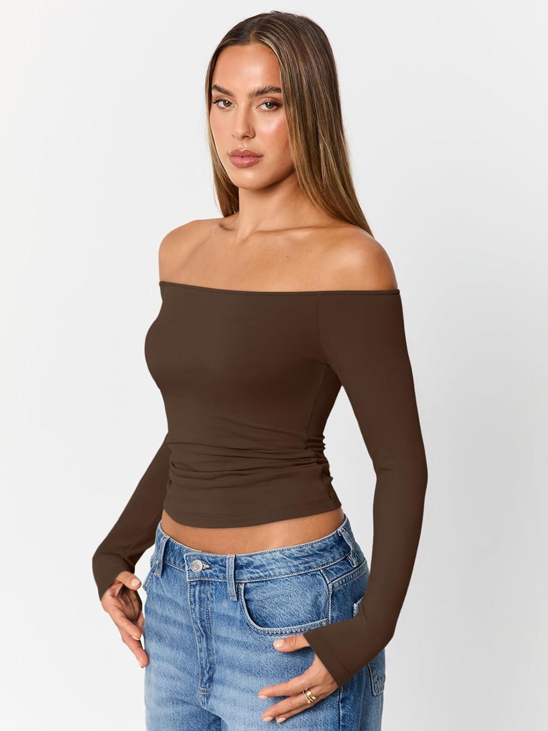 imageTrendy Queen Womens Long Sleeve Off The Shoulder Tops Going Out Cute Basic Y2K Fall Fashion 2025 Outfits ClothesChocolate