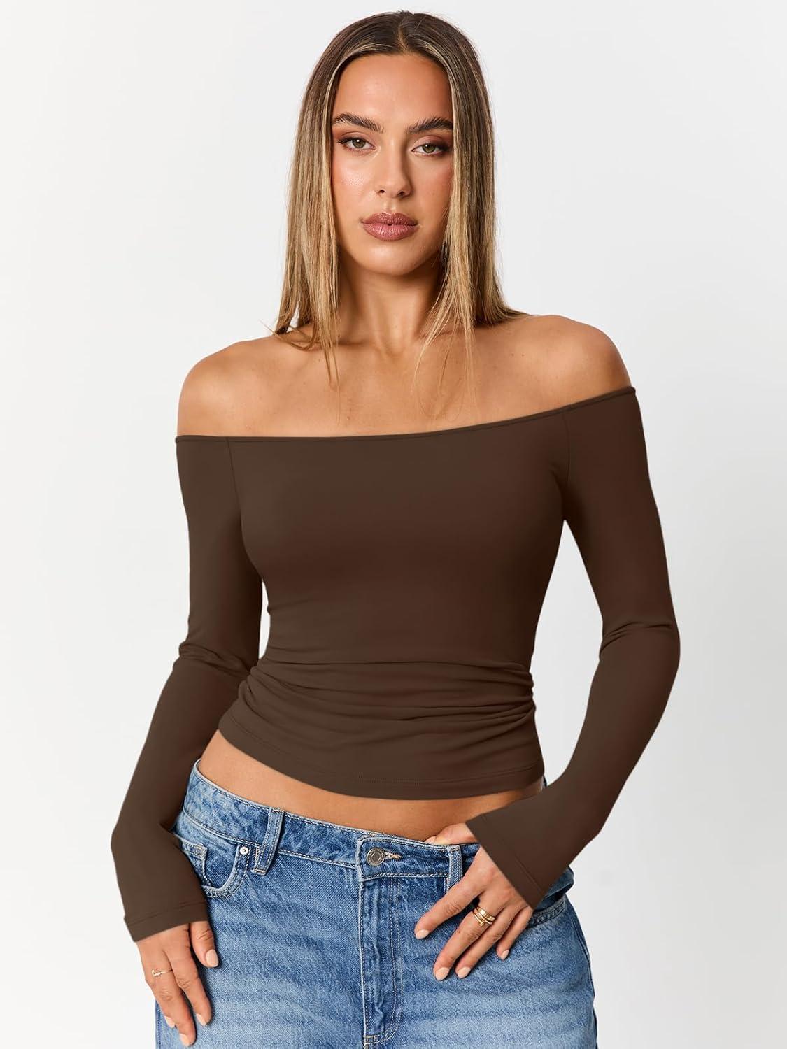 imageTrendy Queen Womens Long Sleeve Off The Shoulder Tops Going Out Cute Basic Y2K Fall Fashion 2025 Outfits ClothesChocolate