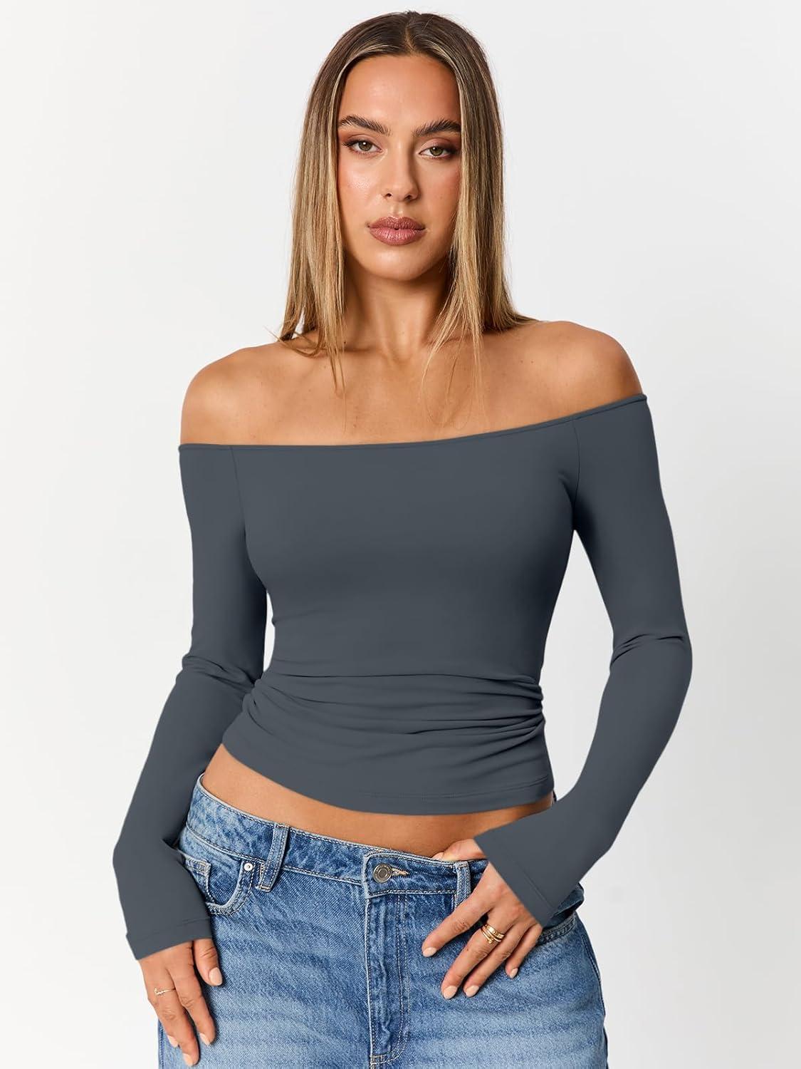 imageTrendy Queen Womens Long Sleeve Off The Shoulder Tops Going Out Cute Basic Y2K Fall Fashion 2025 Outfits ClothesGrey