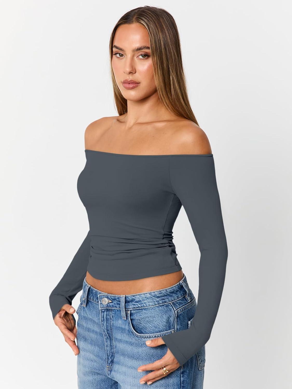 imageTrendy Queen Womens Long Sleeve Off The Shoulder Tops Going Out Cute Basic Y2K Fall Fashion 2025 Outfits ClothesGrey