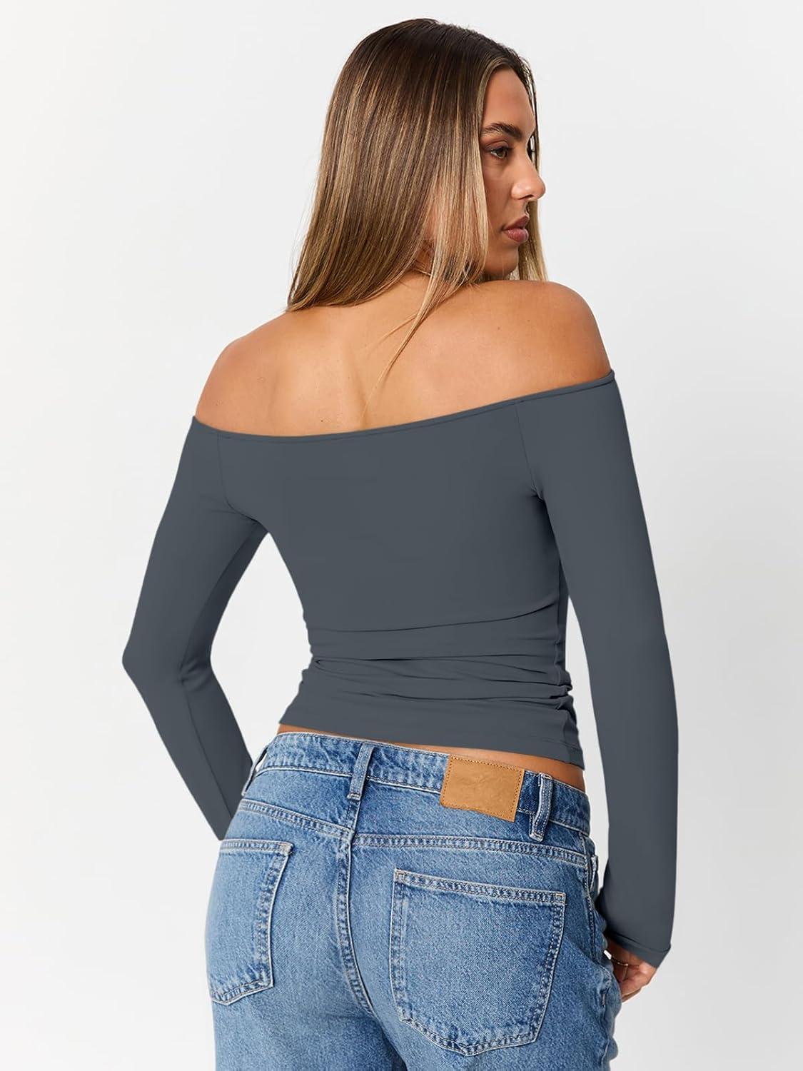 imageTrendy Queen Womens Long Sleeve Off The Shoulder Tops Going Out Cute Basic Y2K Fall Fashion 2025 Outfits ClothesGrey