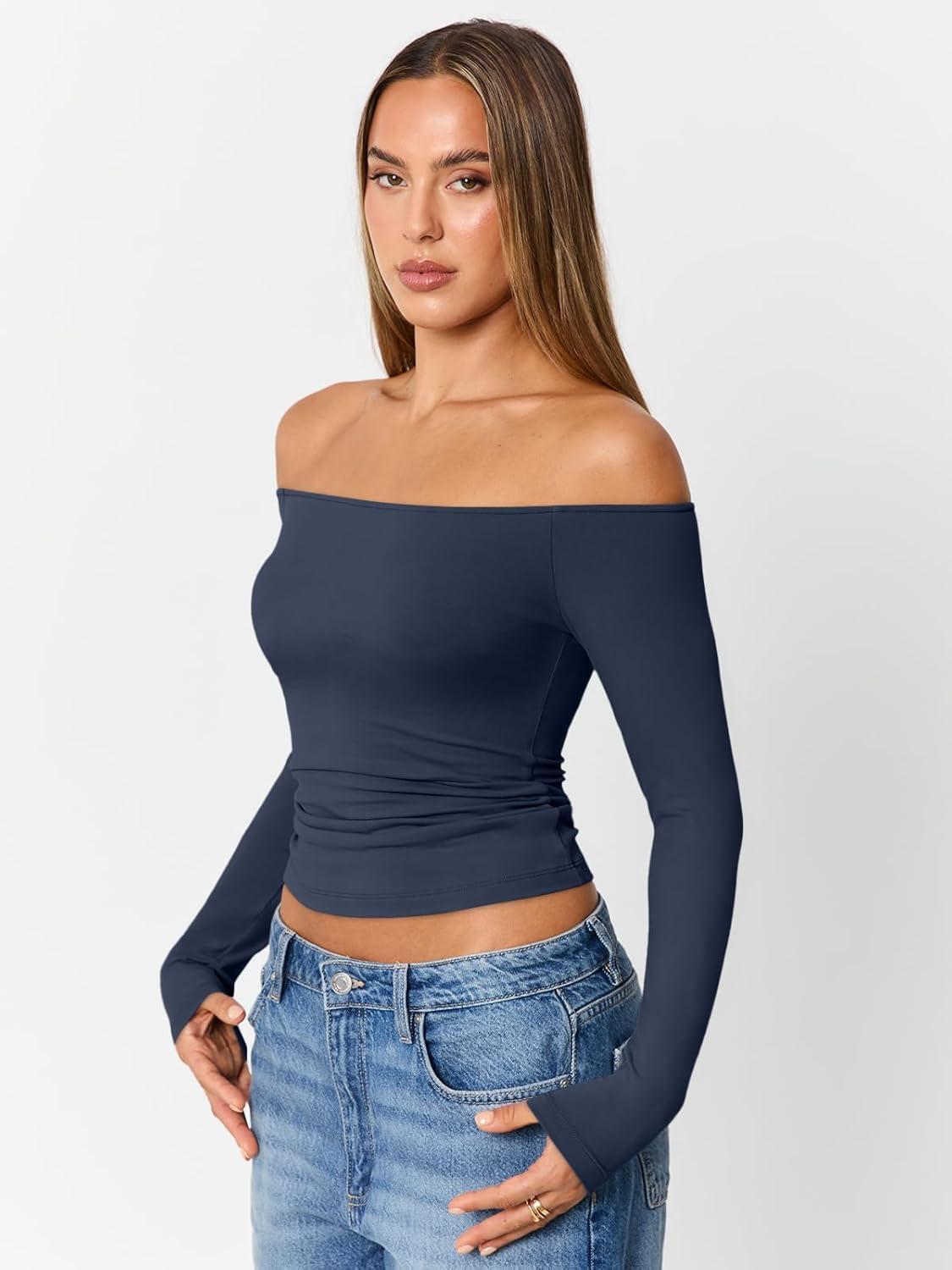 imageTrendy Queen Womens Long Sleeve Off The Shoulder Tops Going Out Cute Basic Y2K Fall Fashion 2025 Outfits ClothesNavy