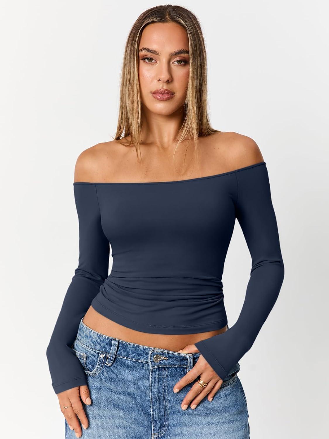 imageTrendy Queen Womens Long Sleeve Off The Shoulder Tops Going Out Cute Basic Y2K Fall Fashion 2025 Outfits ClothesNavy