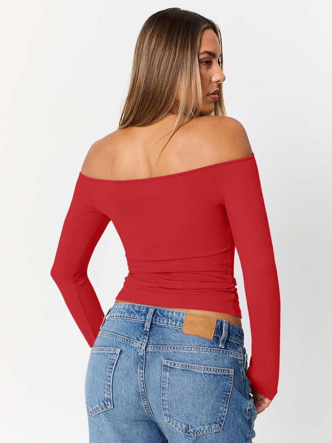 imageTrendy Queen Womens Long Sleeve Off The Shoulder Tops Going Out Cute Basic Y2K Fall Fashion 2025 Outfits ClothesRed