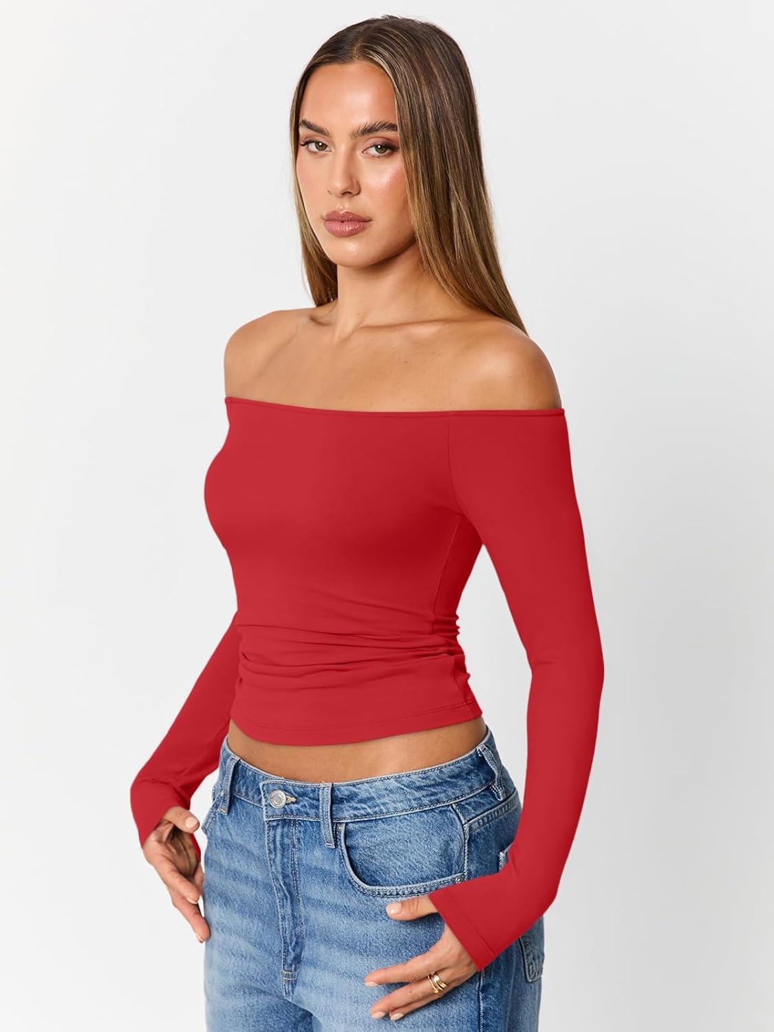 imageTrendy Queen Womens Long Sleeve Off The Shoulder Tops Going Out Cute Basic Y2K Fall Fashion 2025 Outfits ClothesRed