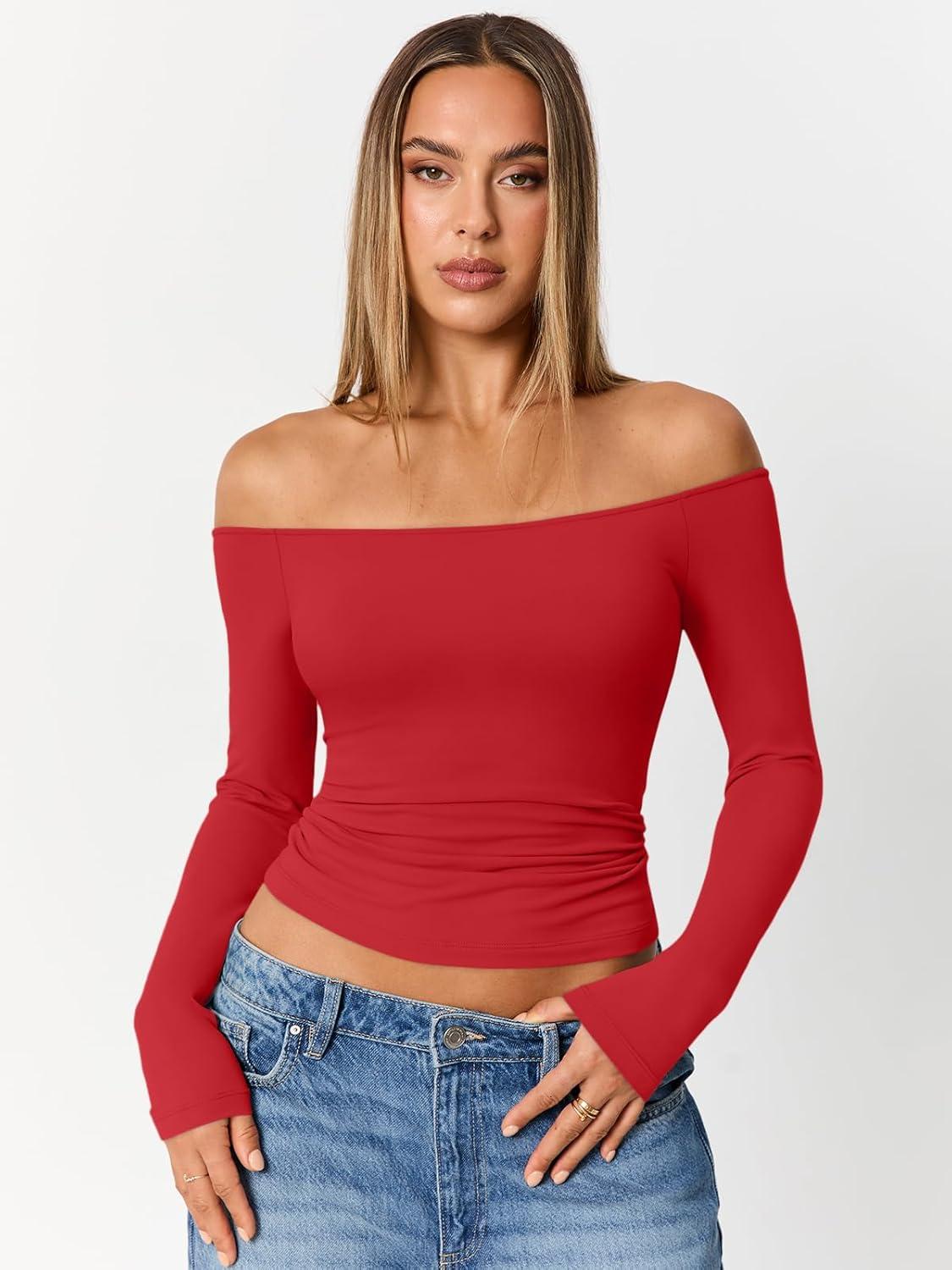 imageTrendy Queen Womens Long Sleeve Off The Shoulder Tops Going Out Cute Basic Y2K Fall Fashion 2025 Outfits ClothesRed