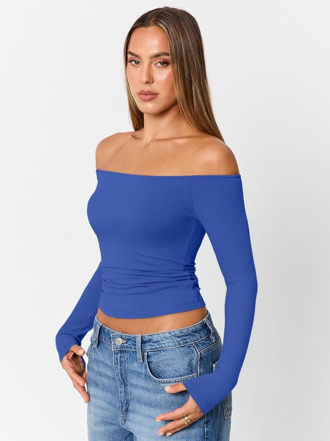 imageTrendy Queen Womens Long Sleeve Off The Shoulder Tops Going Out Cute Basic Y2K Fall Fashion 2025 Outfits ClothesRoyalblue