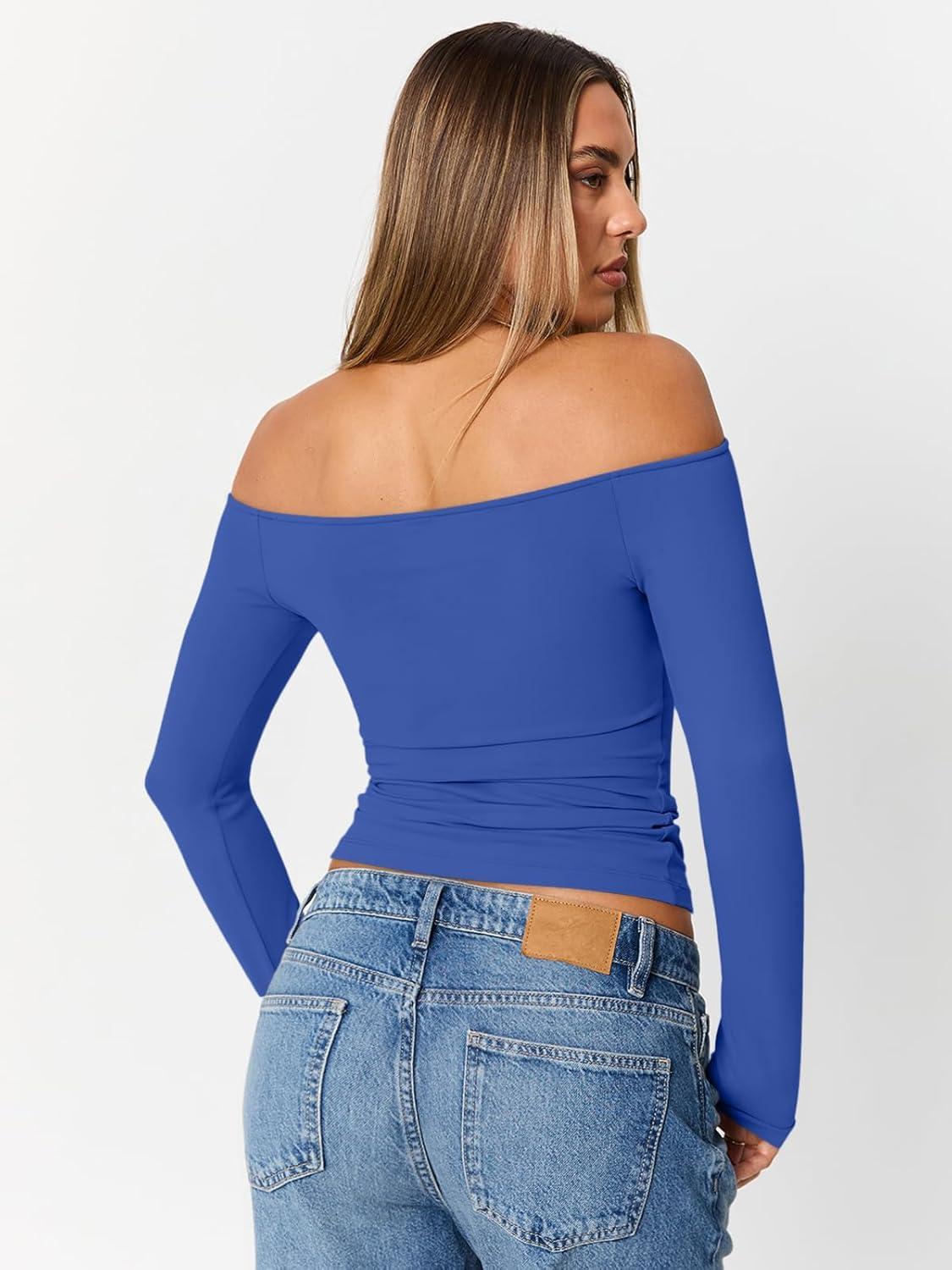 imageTrendy Queen Womens Long Sleeve Off The Shoulder Tops Going Out Cute Basic Y2K Fall Fashion 2025 Outfits ClothesRoyalblue